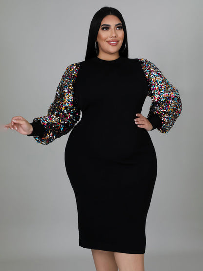 Bodycon Dresses- Curvy Plus Size Sequin Bodycon Dress with Long Sleeves- - Chuzko Women Clothing