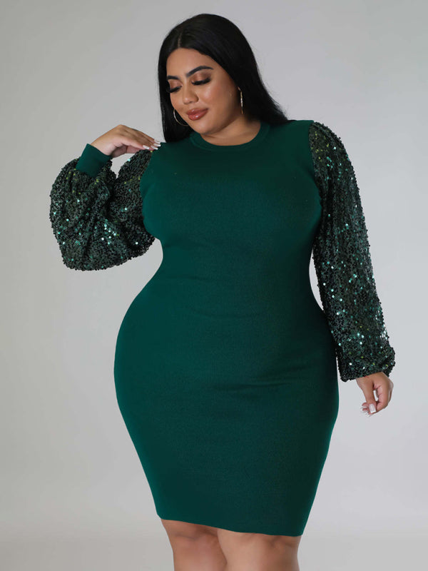 Bodycon Dresses- Curvy Plus Size Sequin Bodycon Dress with Long Sleeves- - Chuzko Women Clothing