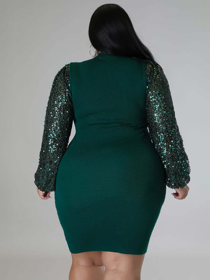 Bodycon Dresses- Curvy Plus Size Sequin Bodycon Dress with Long Sleeves- - Chuzko Women Clothing