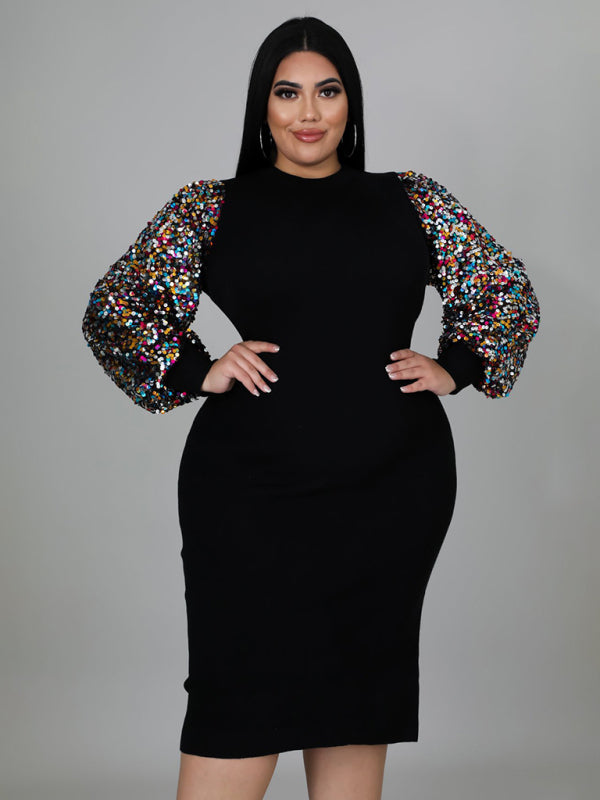 Bodycon Dresses- Curvy Plus Size Sequin Bodycon Dress with Long Sleeves- Black- Chuzko Women Clothing