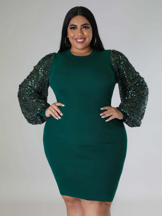 Bodycon Dresses- Curvy Plus Size Sequin Bodycon Dress with Long Sleeves- Green- Chuzko Women Clothing