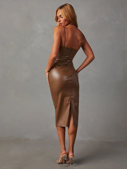 Elegant Sleeveless Faux Leather Midi Dress