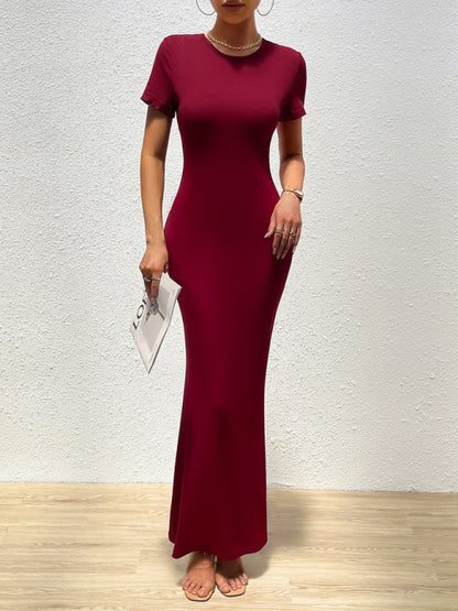 Bodycon Dresses- Solid Bodycon Maxi Dress with Short Sleeves- Wine Red- Chuzko Women Clothing