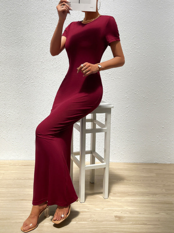 Bodycon Dresses- Solid Bodycon Maxi Dress with Short Sleeves- - Chuzko Women Clothing