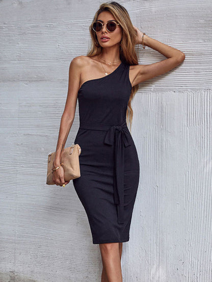 Bodycon Dresses- Solid One Shoulder Belted Bodycon Dress- - Chuzko Women Clothing