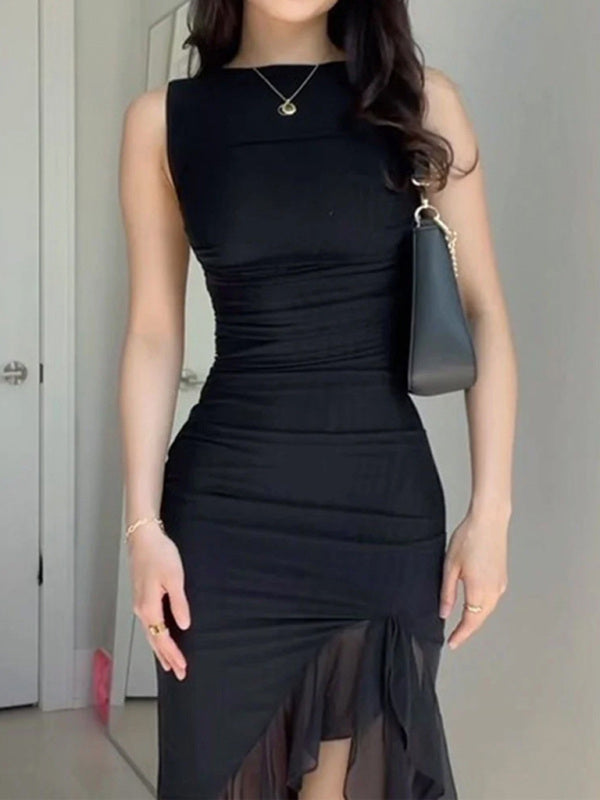 Solid Sleeveless Bodycon Cocktail Dress with High-Low Hem