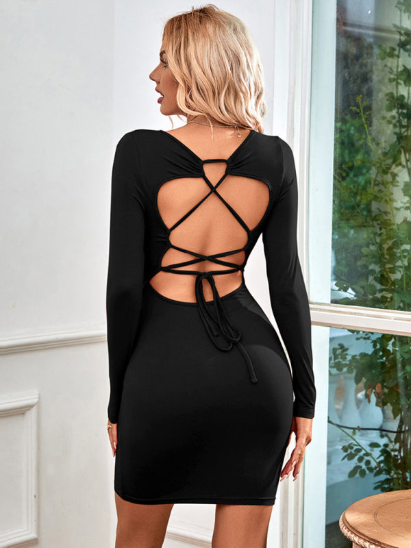 Bodycon Dresses- Solid Square Neck Backless Bodycon Dress with Long Sleeves- - Chuzko Women Clothing