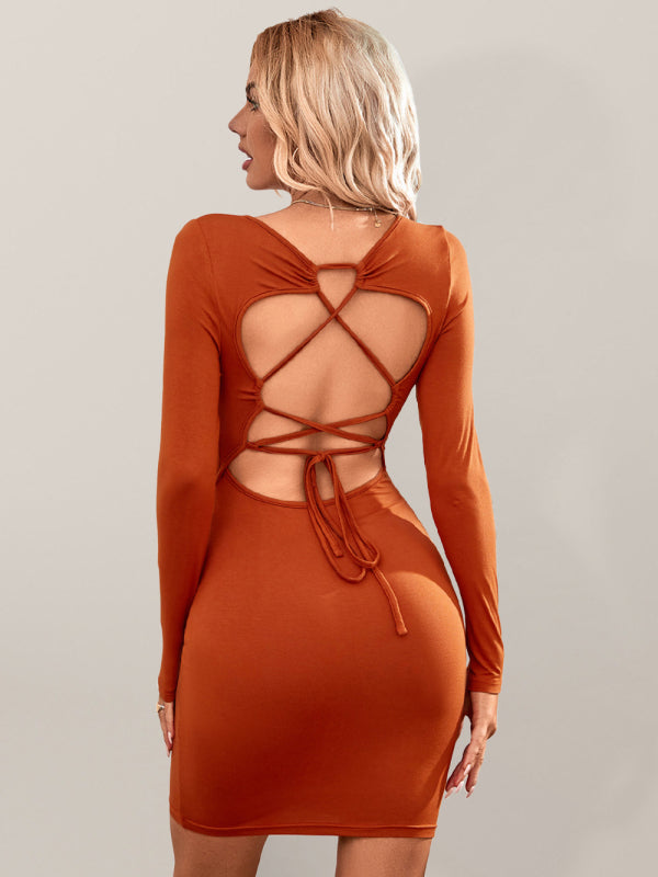 Bodycon Dresses- Solid Square Neck Backless Bodycon Dress with Long Sleeves- caramel- Chuzko Women Clothing