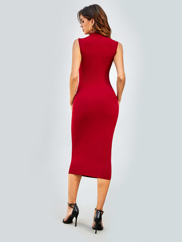 Bodycon Dresses- Solid Tight Bodycon | Stand Collar Sleeveless Midi Dress- Chuzko Women Clothing
