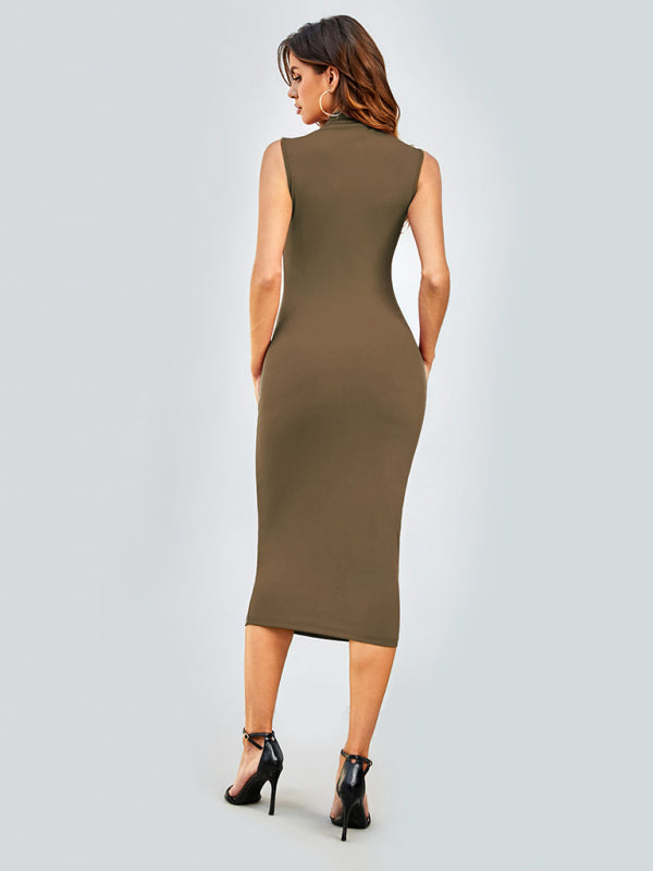 Bodycon Dresses- Solid Tight Bodycon | Stand Collar Sleeveless Midi Dress- Chuzko Women Clothing
