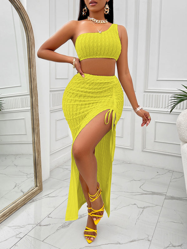 Bodycon Outfits- Women's Textured Bodycon 2-Piece | One Shoulder Crop Top and Slit Maxi Skirt- Chuzko Women Clothing