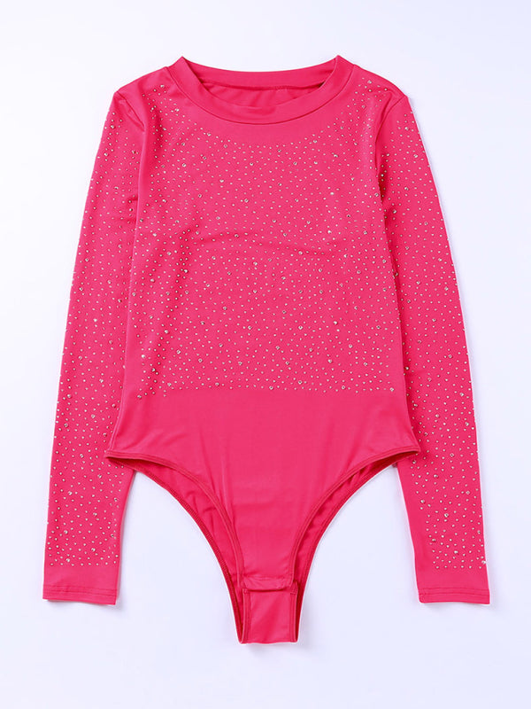 Bodysuits- All-Over Sparkling Beaded Rhinestone Body Top with Long Sleeves- Chuzko Women Clothing