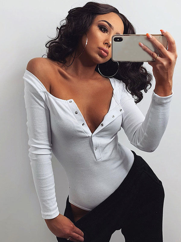 Bodysuits- Solid Ribbed Long Sleeve Tight Bodysuit with Half-Button Placket- Chuzko Women Clothing