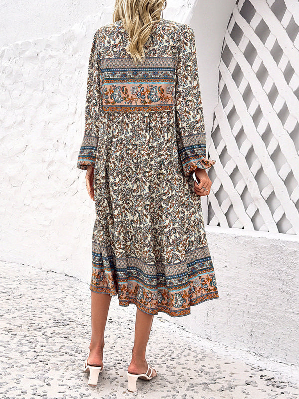 Boho Dresses- Boho Floral Print V-Neck Tunic Midi Dress with Long Sleeves- - Chuzko Women Clothing