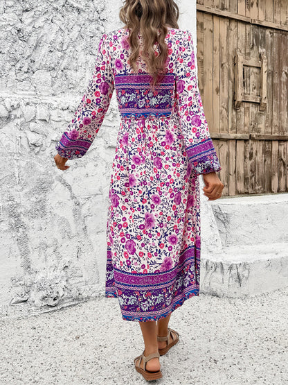Boho Dresses- Boho Floral V-Neck Tunic Midi Dress with Lantern Sleeves- - Chuzko Women Clothing