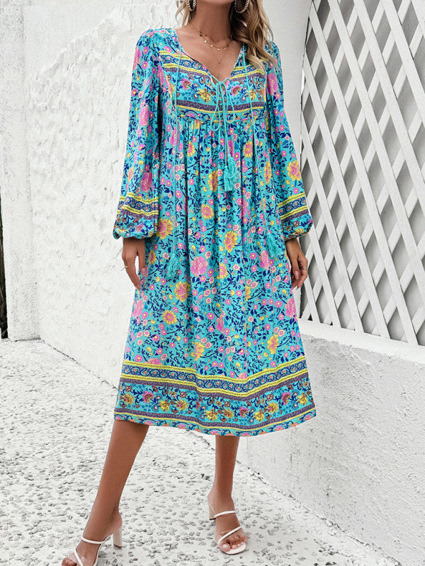 Boho Dresses- Boho Floral V-Neck Tunic Midi Dress with Lantern Sleeves- - Chuzko Women Clothing