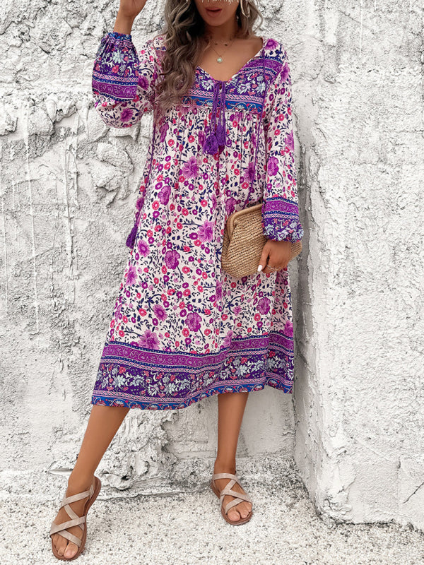 Boho Dresses- Boho Floral V-Neck Tunic Midi Dress with Lantern Sleeves- Purple- Chuzko Women Clothing