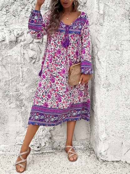 Boho Dresses- Boho Floral V-Neck Tunic Midi Dress with Lantern Sleeves- Purple- Chuzko Women Clothing