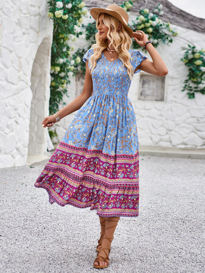 Boho Dresses- Summer Boho A-Line Midi Dress with Smocked Bodice- Chuzko Women Clothing