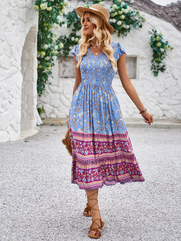 Boho Dresses- Summer Boho A-Line Midi Dress with Smocked Bodice- Chuzko Women Clothing