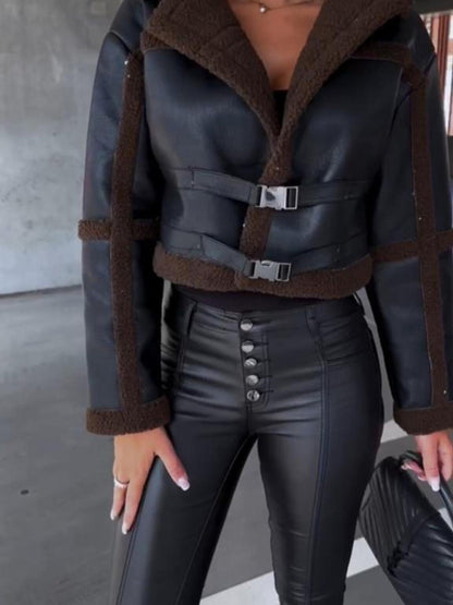 Bomber Jackets- Faux Leather Utility Bomber Jacket for Winter Adventures- Chuzko Women Clothing