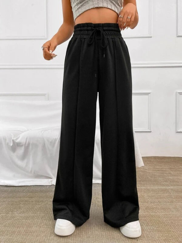 Bottoms- Solid Wide-Leg Pants - Wide Waistband High-Rise Trousers- Black- Chuzko Women Clothing