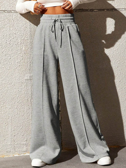 Bottoms- Solid Wide-Leg Pants - Wide Waistband High-Rise Trousers- Grey- Chuzko Women Clothing