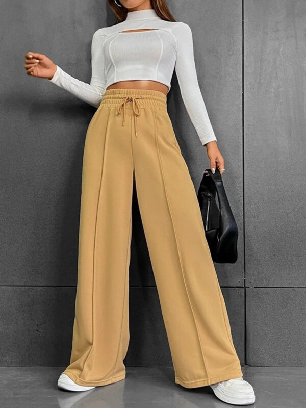 Bottoms- Solid Wide-Leg Pants - Wide Waistband High-Rise Trousers- Golden yellow- Chuzko Women Clothing