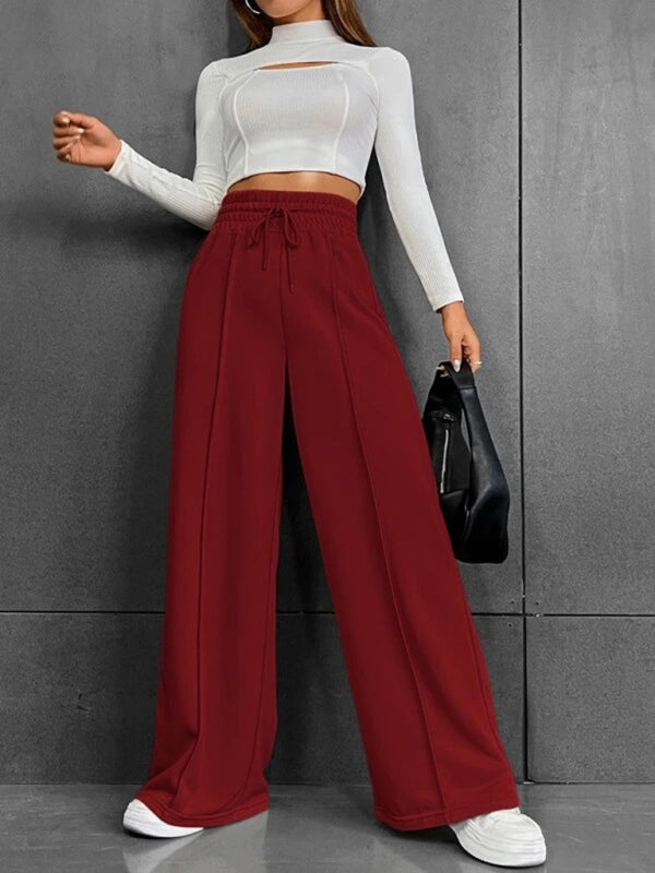Bottoms- Solid Wide-Leg Pants - Wide Waistband High-Rise Trousers- Wine Red- Chuzko Women Clothing