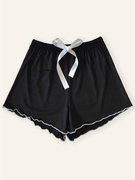 Boyshorts- Adjustable Waist Loungewear Shorts with Contrast Binding- Black- Chuzko Women Clothing