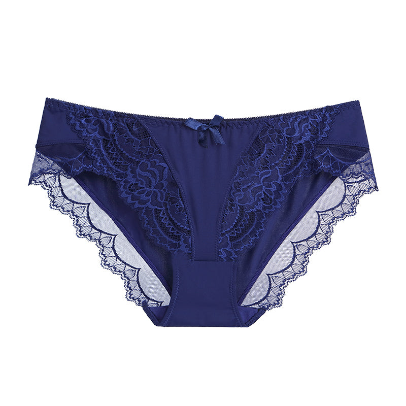 Briefs- Women's Floral Lace Low-Waist Panty Briefs- Purplish blue navy- Chuzko Women Clothing
