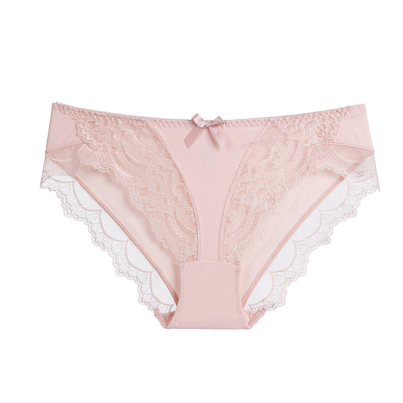Briefs- Women's Floral Lace Low-Waist Panty Briefs- Pastel pink- Chuzko Women Clothing