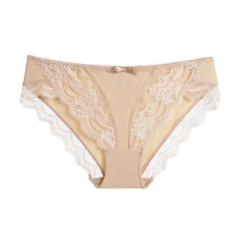 Briefs- Women's Floral Lace Low-Waist Panty Briefs- Nude- Chuzko Women Clothing
