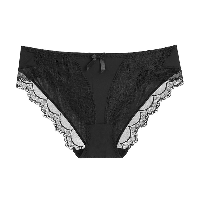 Briefs- Women's Floral Lace Low-Waist Panty Briefs- Black- Chuzko Women Clothing