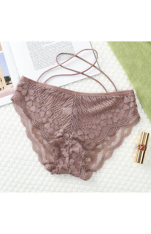 Briefs- Women's Floral Lace Low Waist Strappy Briefs - Panties- Coffee- Chuzko Women Clothing