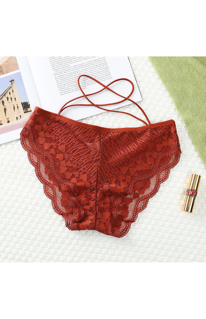 Briefs- Women's Floral Lace Low Waist Strappy Briefs - Panties- Wine Red- Chuzko Women Clothing