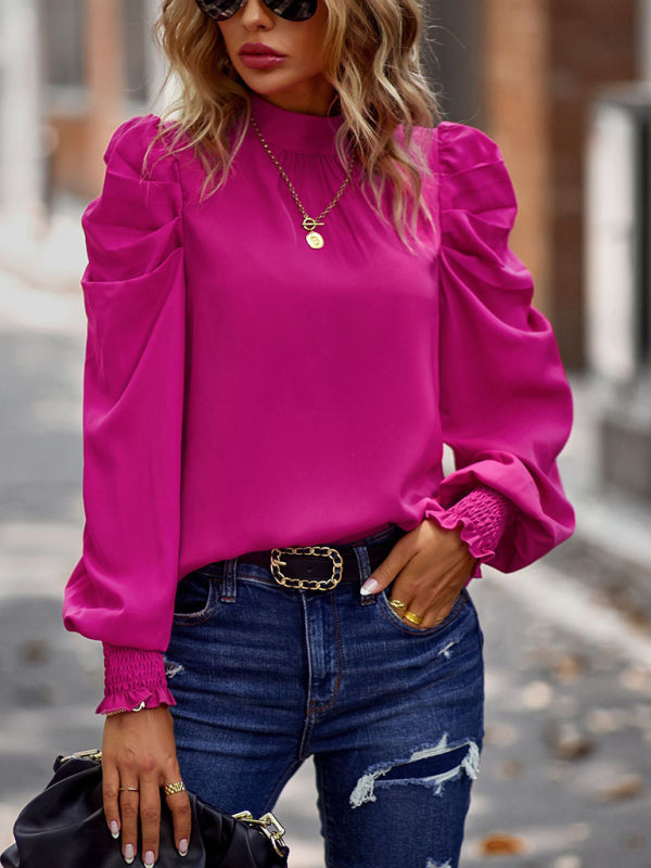 Business Casual Blouses- High Collar Long Sleeve Blouse with Bow Tie- Chuzko Women Clothing