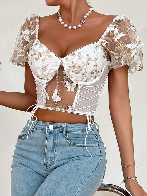 Bustier Blouse- Butterfly Embroidered Mesh Puff Sleeve Top - Underwire and Lace-Up Blouse- Chuzko Women Clothing