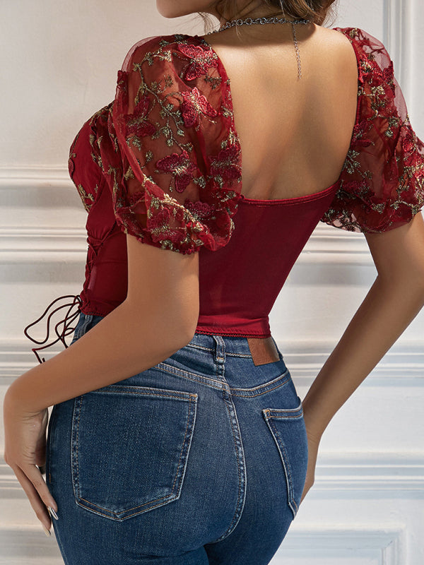 Bustier Blouse- Butterfly Embroidered Mesh Puff Sleeve Top - Underwire and Lace-Up Blouse- Chuzko Women Clothing