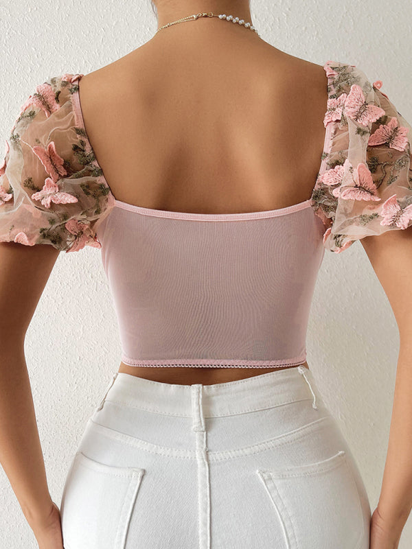 Bustier Blouse- Butterfly Embroidered Mesh Puff Sleeve Top - Underwire and Lace-Up Blouse- Chuzko Women Clothing