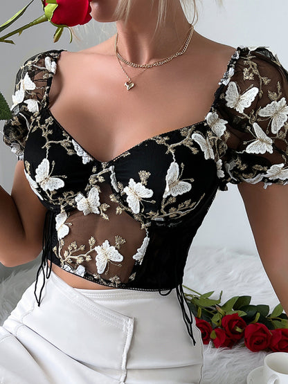 Bustier Blouse- Butterfly Embroidered Mesh Puff Sleeve Top - Underwire and Lace-Up Blouse- Chuzko Women Clothing