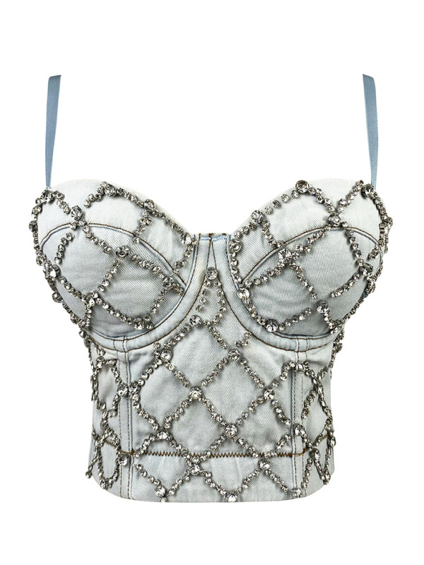 Bustier Top- Disco Night Beaded Push-Up Bustier Cami Top in Denim- Chuzko Women Clothing