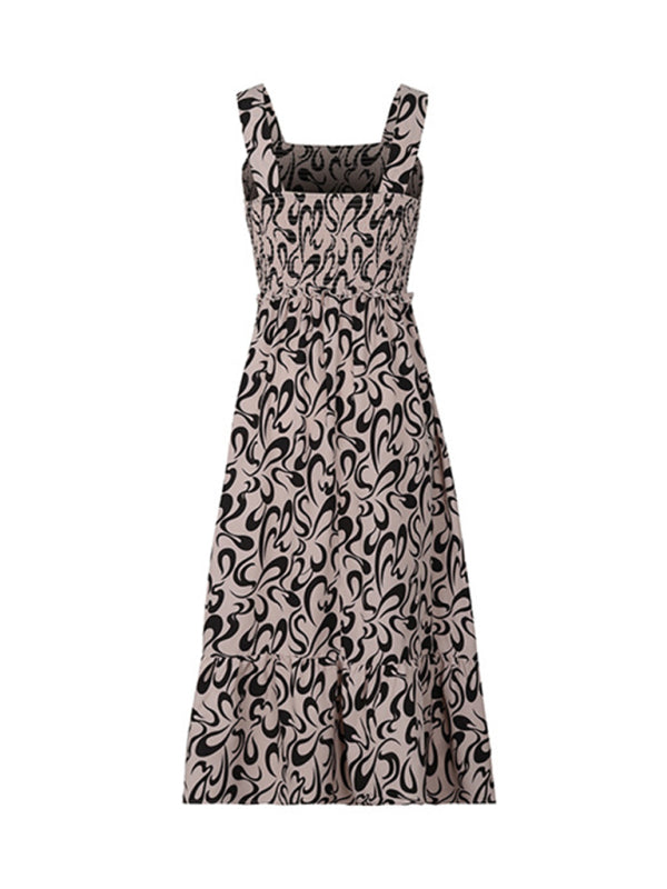 Cami Dresses- A-Line Cami Midi Dress in Geo Print with Smocked Bodice- Chuzko Women Clothing