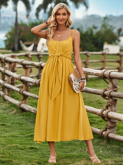 Cami Dresses- Elegant Summer Solid A-Line Cami Knot Midi Dress- Yellow- Chuzko Women Clothing