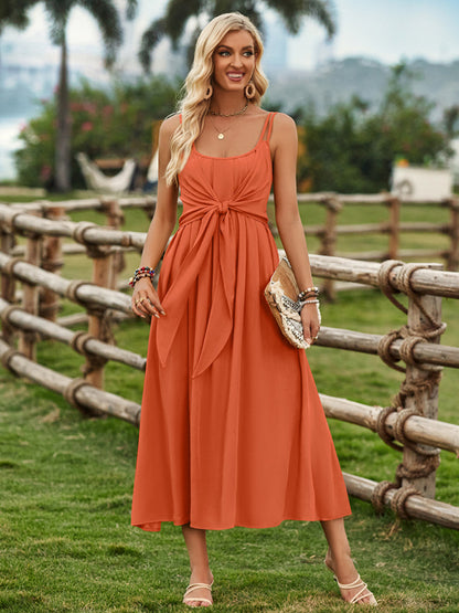Cami Dresses- Elegant Summer Solid A-Line Cami Knot Midi Dress- - Chuzko Women Clothing