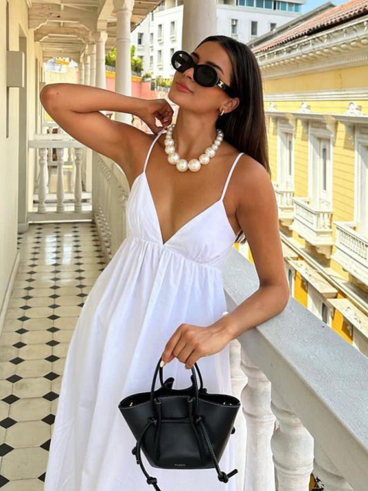 Cami Dresses- Essential Summer Cotton Cami Backless Maxi Dress- Chuzko Women Clothing