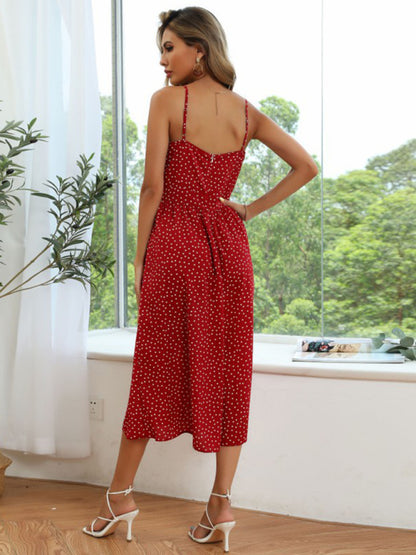 Cami Dresses- Polka Dot Print A-Line Midi Dress with Button-Up Front- Chuzko Women Clothing