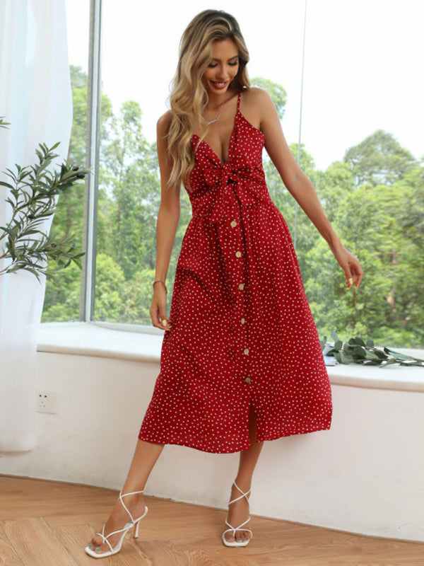 Cami Dresses- Polka Dot Print A-Line Midi Dress with Button-Up Front- Chuzko Women Clothing