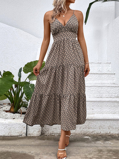 Cami Dresses- Summer Brown Print Tiered Ruffle Cami Midi with Knot Back- - Chuzko Women Clothing