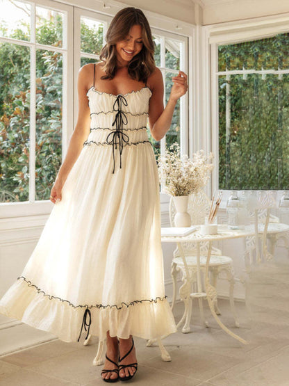 Cami Dresses- Textured Draped A-Line Smocked Bow Cami Maxi Dress- Chuzko Women Clothing